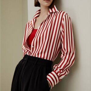 Lilysilk Red and White Vertical Stripe Button-Down Shirt